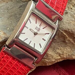 9 & Co. Red Faux Leather Strap Silver Tone WORKING WATCH